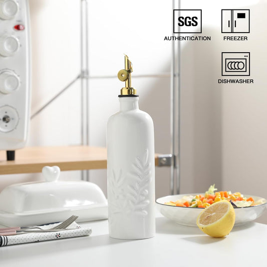Sweejar 18 Oz Oil Dispenser for Kitchen with Gravity Spout, Ceramic Olive Oil Dispenser Bottle, Relief Opaque Vinegar Container for Evoo, Vinegar, Soy Sauce, Pack of 1(White, Gold Spout)