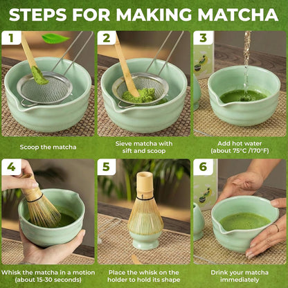 Matcha Whisk Set – 5-Piece Traditional Matcha Kit with Ceramic Bowl Including Bamboo Whisk, Scoop, Sifter & Whisk Holder | Japanese Tea Set for Smooth Matcha (Sage Green)