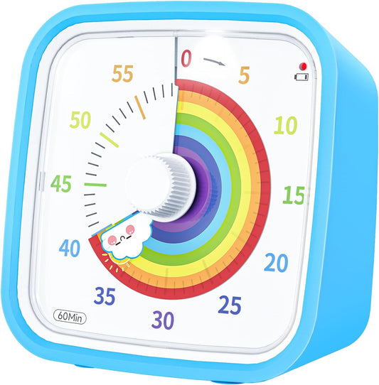 Rainbow Visual Timer for Kids, 60-min Countdown Timer, Blue | Protective Case, No Ticking, Mute and Ringing Alarm Available, Time Management Tool, Low Power Reminder, for Study,Game,Work