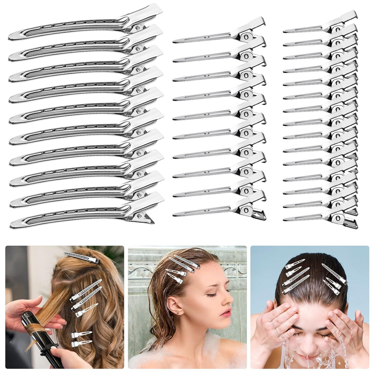 Metal Alligator Hair Clips for Women，Duck Billed Hair Pins 52pcs, Silver Professional Styling Hair Clips for Long Hair Cutting & Needle Rolling& Give Gift