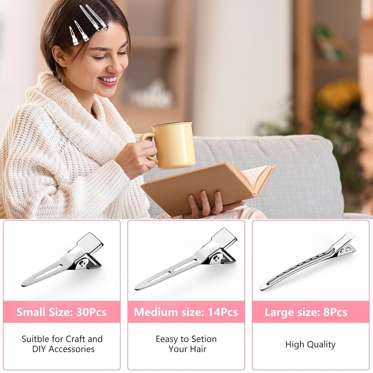 Metal Alligator Hair Clips for Women，Duck Billed Hair Pins 52pcs, Silver Professional Styling Hair Clips for Long Hair Cutting & Needle Rolling& Give Gift