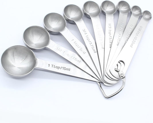 9 Pcs/Set Measuring Spoons Set, Stainless Steel Tablespoons | 1/16 tsp, 1/8 tsp, 1/4 tsp, 1/3 tsp, 1/2 tsp, 3/4 tsp, 1 tsp, 1/2 tbsp, 1 tbsp, For Measuring Ingredients