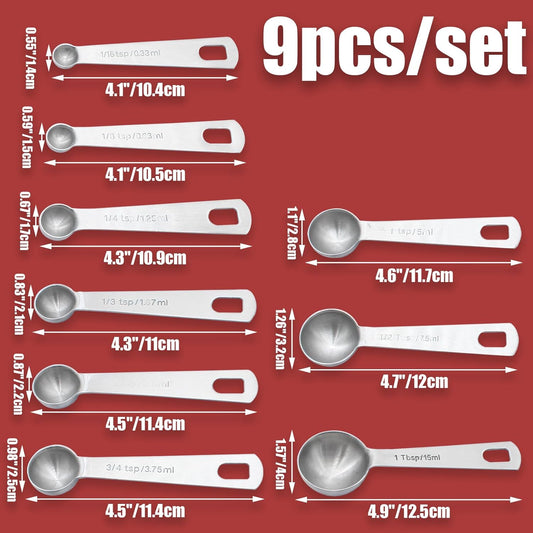 9 Pcs/Set Measuring Spoons Set, Stainless Steel Tablespoons | 1/16 tsp, 1/8 tsp, 1/4 tsp, 1/3 tsp, 1/2 tsp, 3/4 tsp, 1 tsp, 1/2 tbsp, 1 tbsp, For Measuring Ingredients