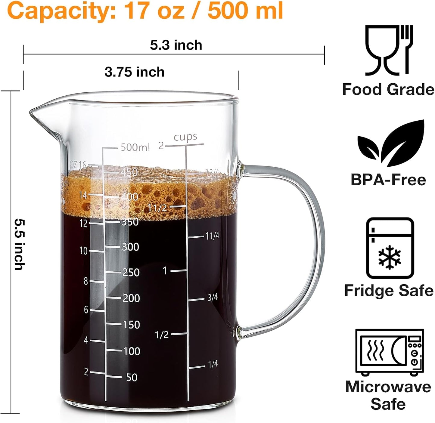 500ML 2 CUP Glass Liquid Measuring Cup With Handle, High Borosilicate Glass Three Scales (OZ, Cup, ML/CC) for Kitchen or Restaurant, V-Shaped Spout Glass Measuring Beaker, Easy To Read