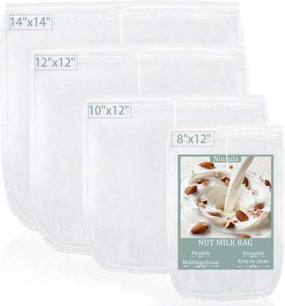 4PCS Nut Milk Bag, Food Grade Nylon Cheese Cloth Bag, Straining Reusable Fine Mesh Strainer for Tea, Yogurt, Juice, Cheese, Soup, Herbs, Vegetable Juice (8"x12"/14"x14"/10"x12"/12"x12")
