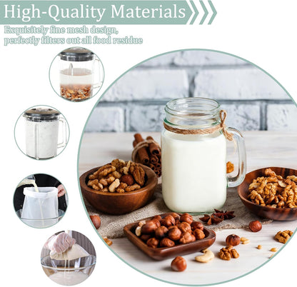 4PCS Nut Milk Bag, Food Grade Nylon Cheese Cloth Bag, Straining Reusable Fine Mesh Strainer for Tea, Yogurt, Juice, Cheese, Soup, Herbs, Vegetable Juice (8"x12"/14"x14"/10"x12"/12"x12")