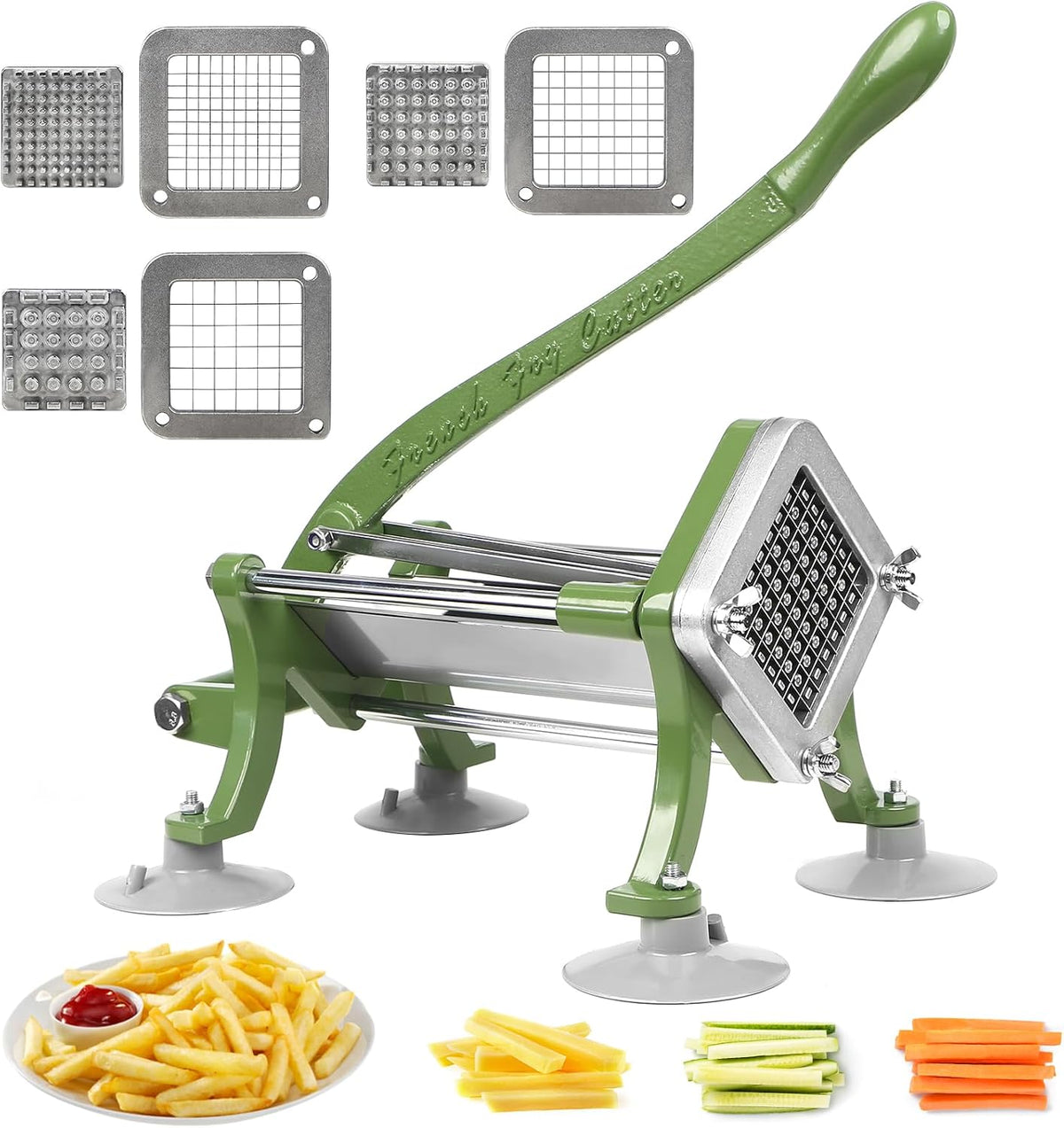 French Fry Cutter Commercial Potato Slicer with Suction Feet Complete Set, Includes 1/4", 3/8",1/2", Gray