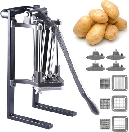 French Fry Cutter Commercial Potato Slicer with Suction Feet Complete Set, Includes 1/4", 3/8",1/2", Gray