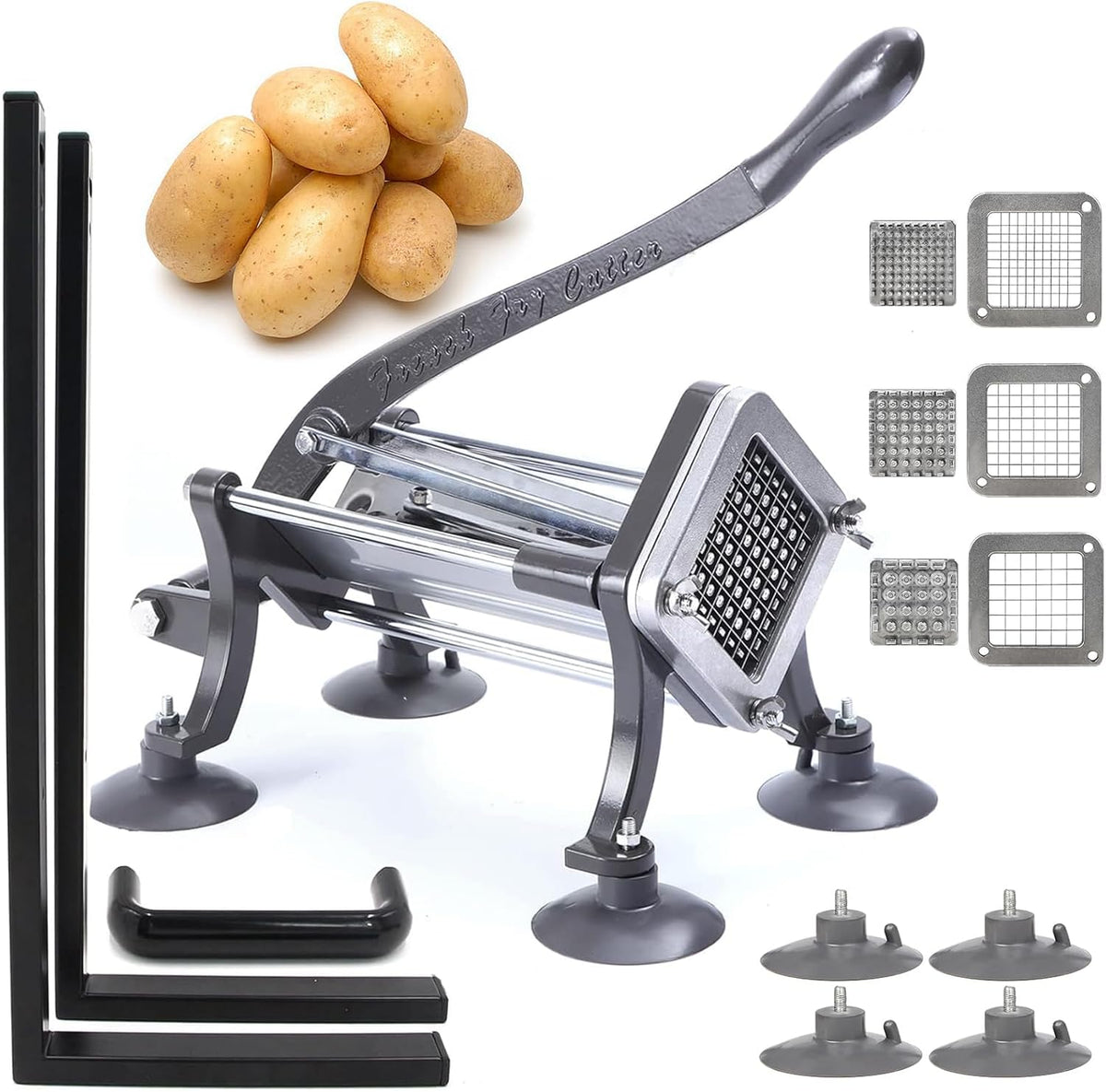 French Fry Cutter Commercial Potato Slicer with Suction Feet Complete Set, Includes 1/4", 3/8",1/2", Gray