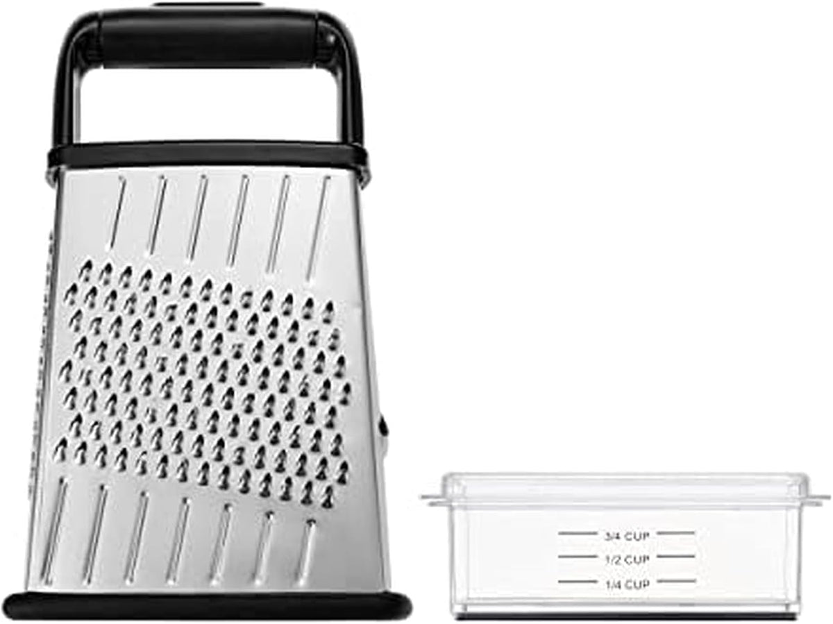 Slim Box Grater with Storage Container, Stainless Steel 4-Sided Cheese Grater with 1-Cup Catch Cup, Lid, and Non-Slip Base - Dishwasher Safe Kitchen Grater for Cheese, Vegetables, and More