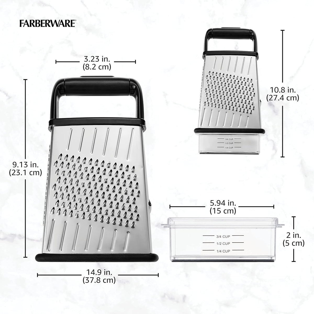 Slim Box Grater with Storage Container, Stainless Steel 4-Sided Cheese Grater with 1-Cup Catch Cup, Lid, and Non-Slip Base - Dishwasher Safe Kitchen Grater for Cheese, Vegetables, and More