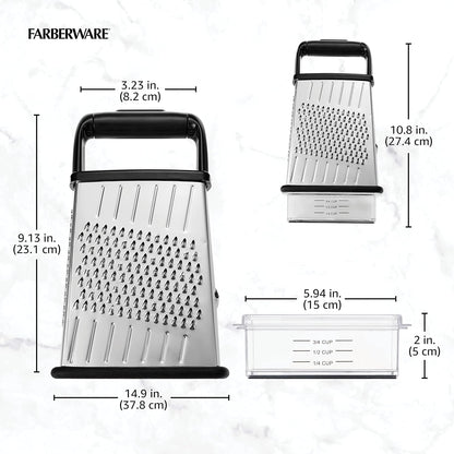 Slim Box Grater with Storage Container, Stainless Steel 4-Sided Cheese Grater with 1-Cup Catch Cup, Lid, and Non-Slip Base - Dishwasher Safe Kitchen Grater for Cheese, Vegetables, and More