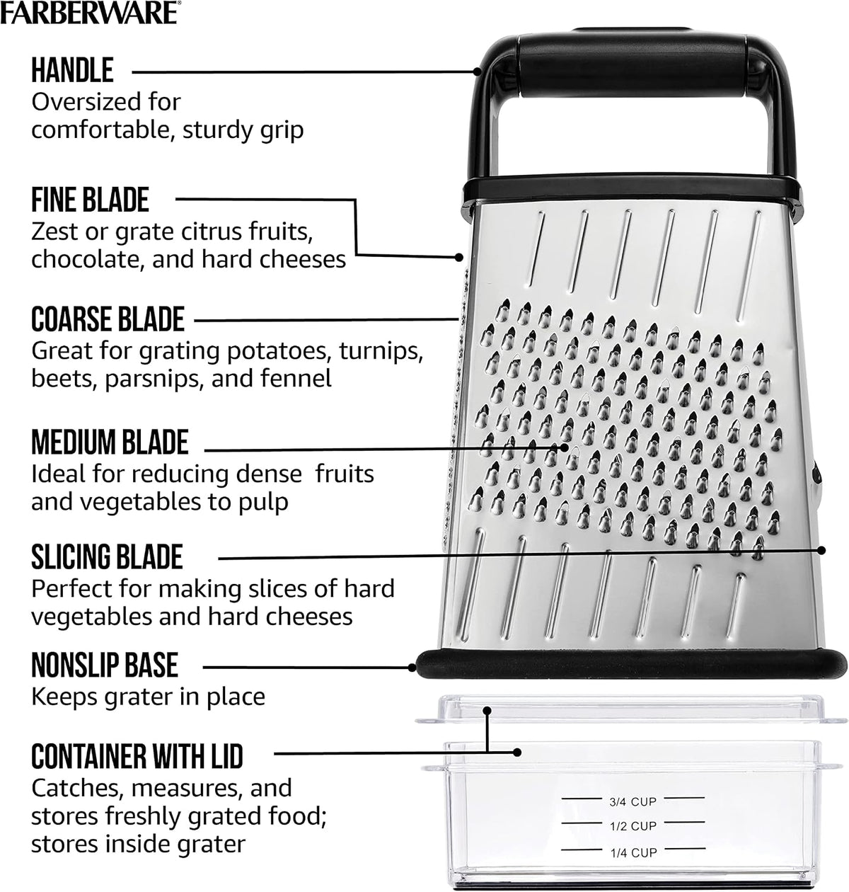 Slim Box Grater with Storage Container, Stainless Steel 4-Sided Cheese Grater with 1-Cup Catch Cup, Lid, and Non-Slip Base - Dishwasher Safe Kitchen Grater for Cheese, Vegetables, and More
