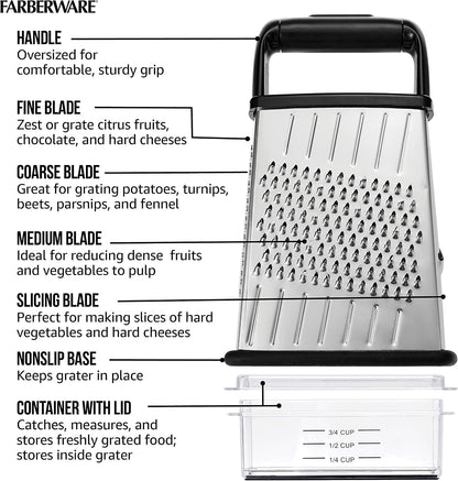 Slim Box Grater with Storage Container, Stainless Steel 4-Sided Cheese Grater with 1-Cup Catch Cup, Lid, and Non-Slip Base - Dishwasher Safe Kitchen Grater for Cheese, Vegetables, and More
