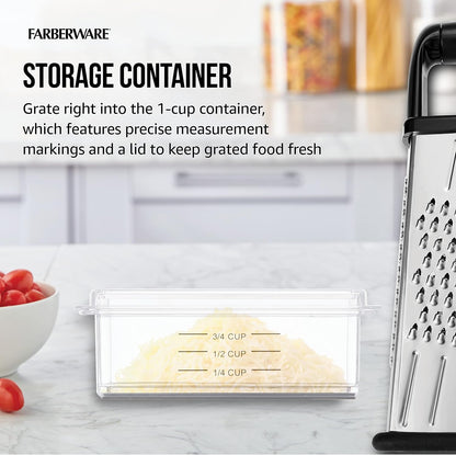Slim Box Grater with Storage Container, Stainless Steel 4-Sided Cheese Grater with 1-Cup Catch Cup, Lid, and Non-Slip Base - Dishwasher Safe Kitchen Grater for Cheese, Vegetables, and More