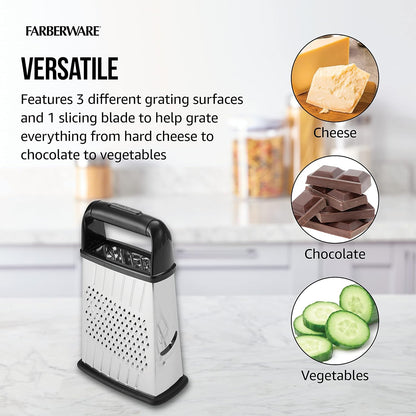 Slim Box Grater with Storage Container, Stainless Steel 4-Sided Cheese Grater with 1-Cup Catch Cup, Lid, and Non-Slip Base - Dishwasher Safe Kitchen Grater for Cheese, Vegetables, and More