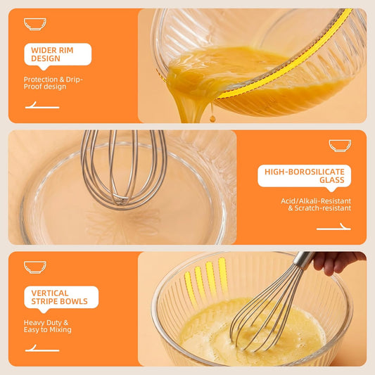 Jelife Glass Mixing Bowls with Lids Sets - 6 Packs Size: 5.9-3.7-2.1-1-0.5-0.2QT, Borosilicate Nesting Glass Bowls Containers for Baking,Salad,Meal Prep,Serving,Food Storage,BPA Free & Dishwasher Safe