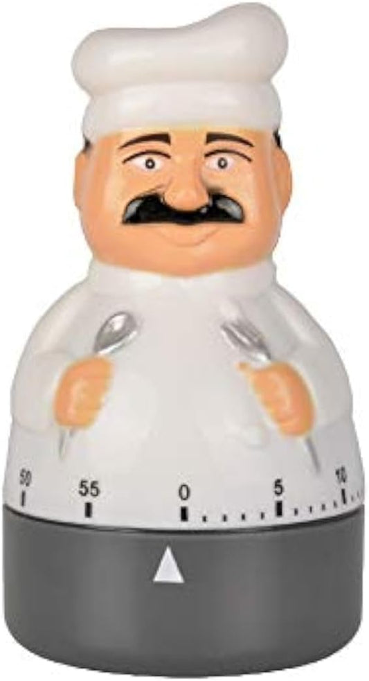 Jayron Chef Kitchen Timer, 60-Minute Mechanical Wind-Up Countdown Timer | Figure in white coat and hat, battery-free rotary dial, marked scale, end bell, baking, pasta, tea, coffee, meal prep