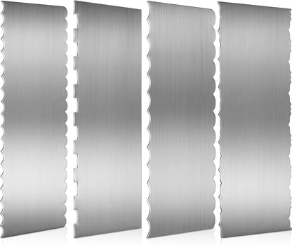 4 Pieces Stainless Steel Cake Ice Scraper Metal Smoother Large Double Sided Patterned Edge Stripe 9 Inch Metal Cake Decorating Comb for Icing Mousse Butter Cream Decoration, 4 Styles