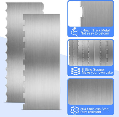 4 Pieces Stainless Steel Cake Ice Scraper Metal Smoother Large Double Sided Patterned Edge Stripe 9 Inch Metal Cake Decorating Comb for Icing Mousse Butter Cream Decoration, 4 Styles