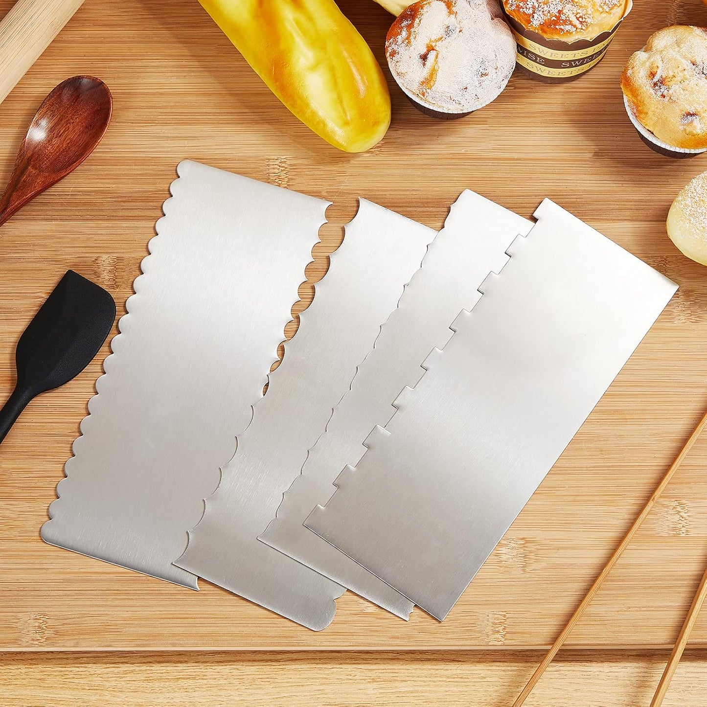 4 Pieces Stainless Steel Cake Ice Scraper Metal Smoother Large Double Sided Patterned Edge Stripe 9 Inch Metal Cake Decorating Comb for Icing Mousse Butter Cream Decoration, 4 Styles