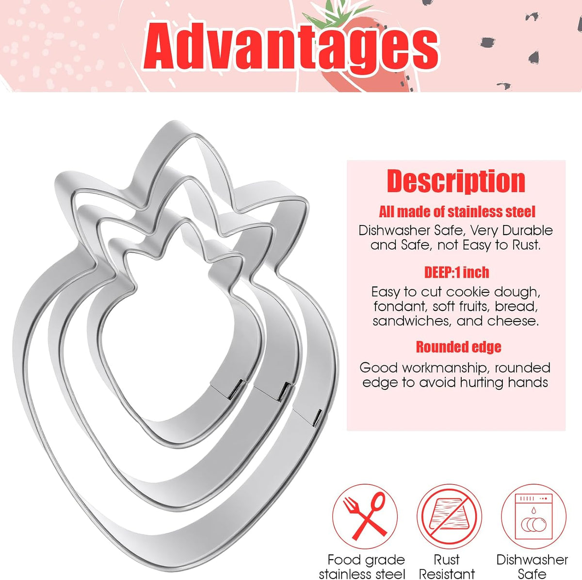 Strawberry Cookie Cutter, 3 PCS Fruit Cookie Cutters Set - 3 Sizes (3.5", 2.5", 1.5") Stainless Steel Baking Tools for Cookies, Biscuit Dough & Fondant - Durable, Fun & Professional Bakeware