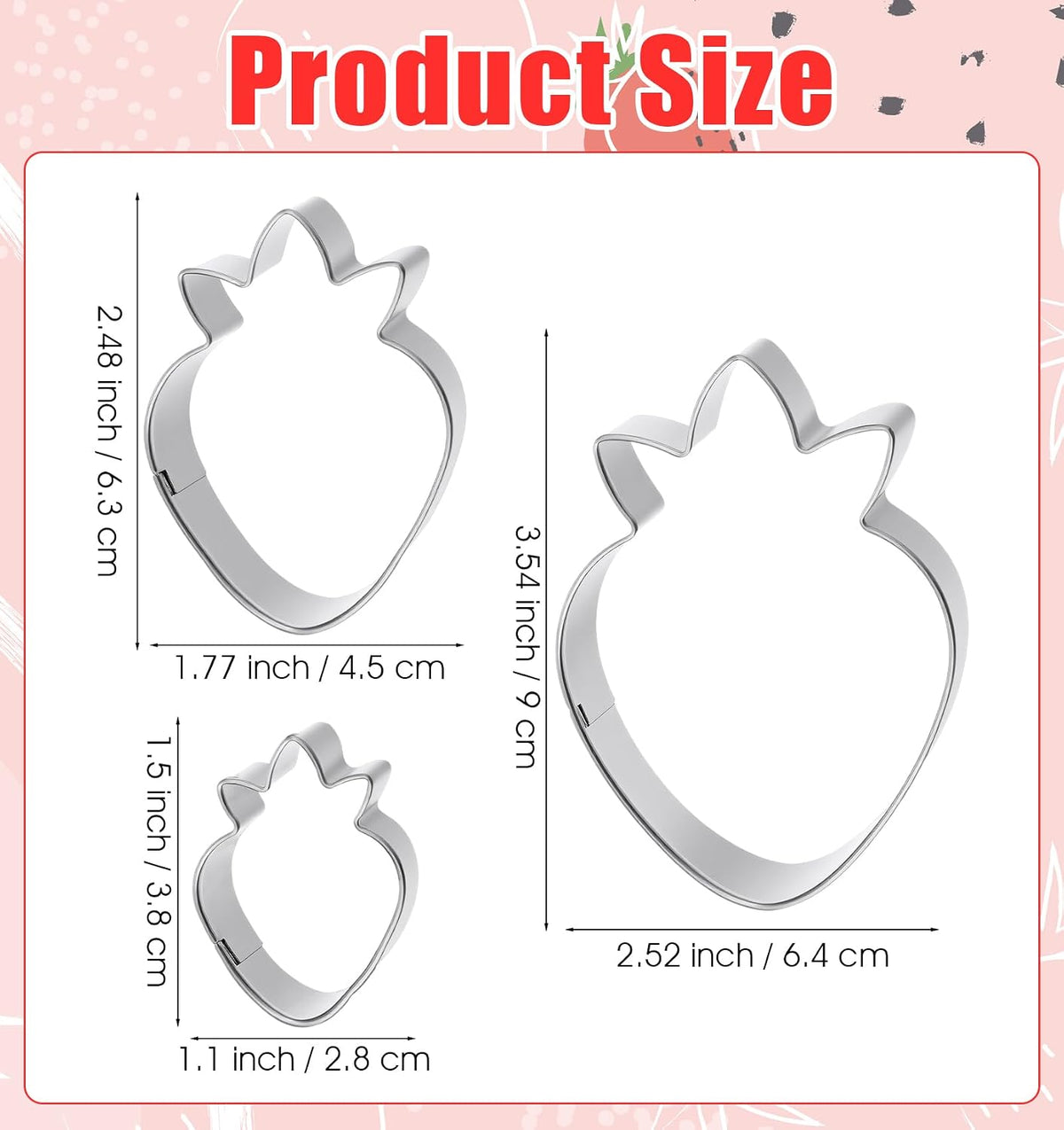 Strawberry Cookie Cutter, 3 PCS Fruit Cookie Cutters Set - 3 Sizes (3.5", 2.5", 1.5") Stainless Steel Baking Tools for Cookies, Biscuit Dough & Fondant - Durable, Fun & Professional Bakeware