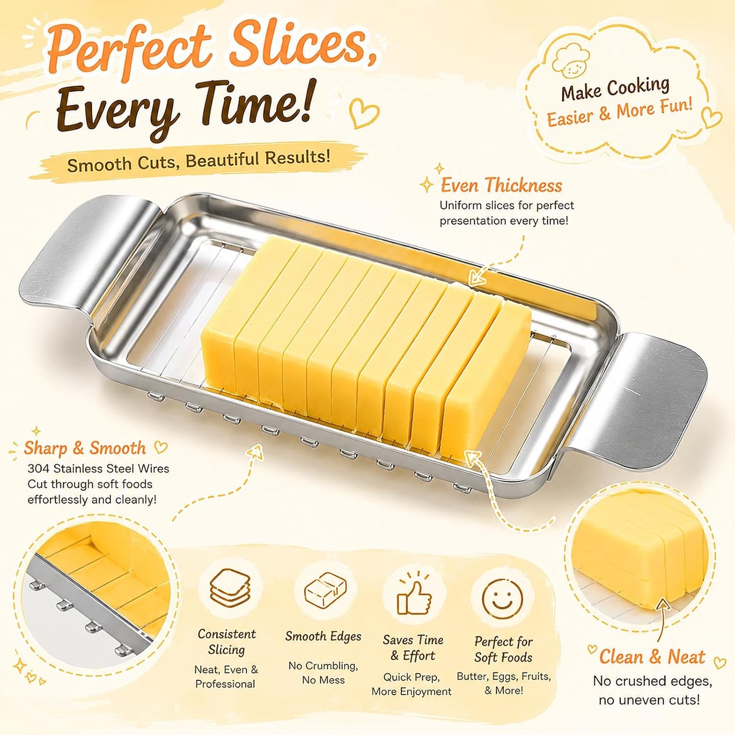 Cheese Slicer and Butter Cutter, 304 Stainless Steel Wire | Multifunctional Cheese Slicers for Block Cheesees, Handheld Butters Slicers Cutter, for Egg Slicing, Dishwasher Safe