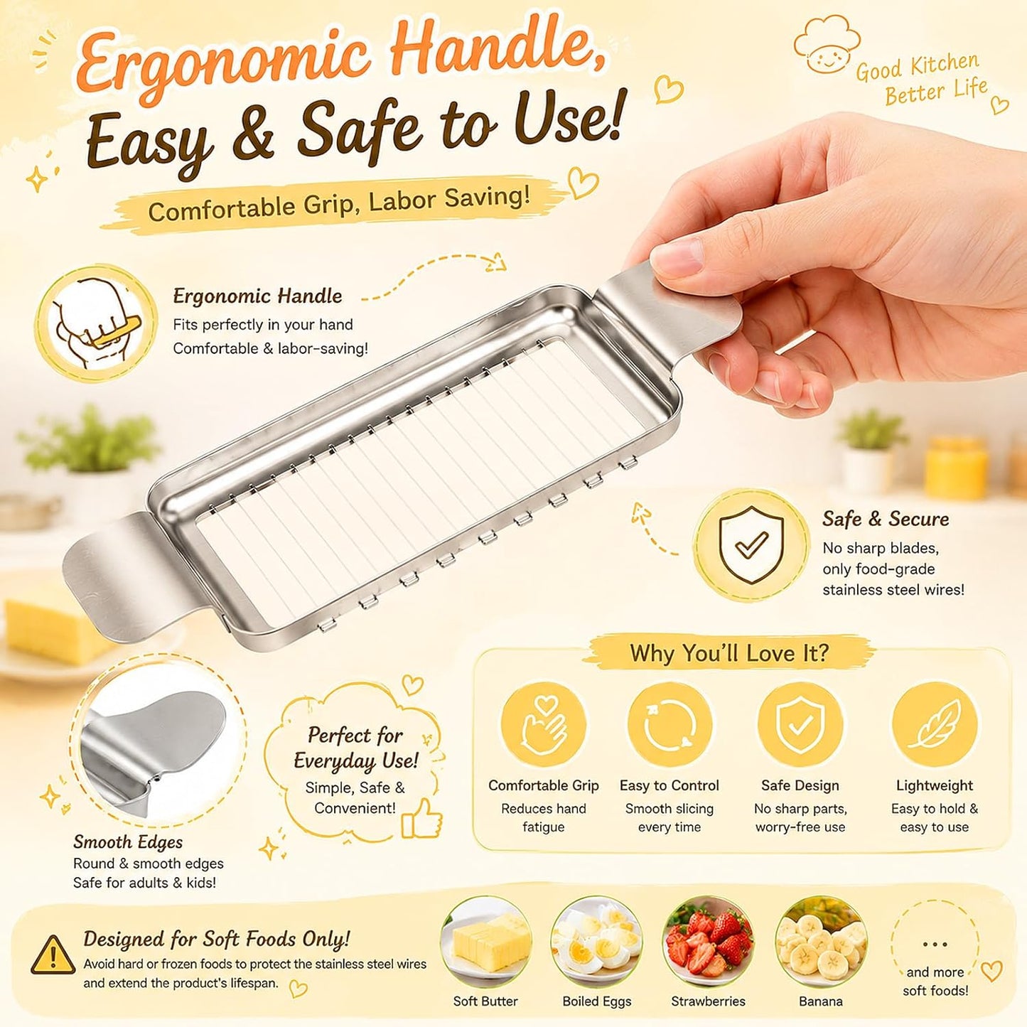 Cheese Slicer and Butter Cutter, 304 Stainless Steel Wire | Multifunctional Cheese Slicers for Block Cheesees, Handheld Butters Slicers Cutter, for Egg Slicing, Dishwasher Safe