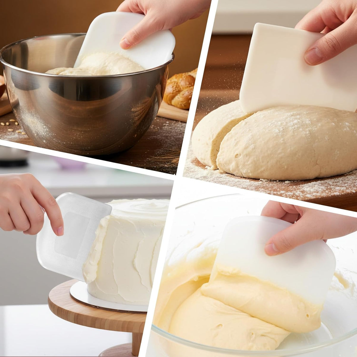 4 PCS Plastic Bench Scraper, White Flexible Bench Scraper Food-Safe Bread Scrapers Multipurpose Dough Scrapers for Cutting Bread Doughs Cake Fondant