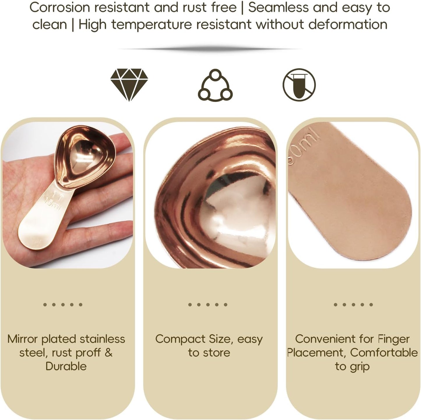 2 Packs Stainless Steel Coffee Scoop Set, 15ml Tablespoon with 30ml Spoon, Short Handle Spoon for Coffee, Tea, Sugar, Protein & Milk Powder (Rose Gold)