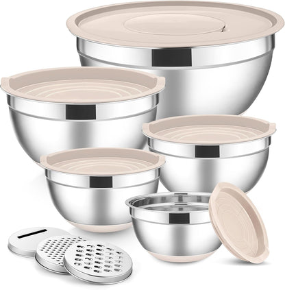 Stainless Steel Mixing Bowls with Lids Set, 5-Piece, Khaki