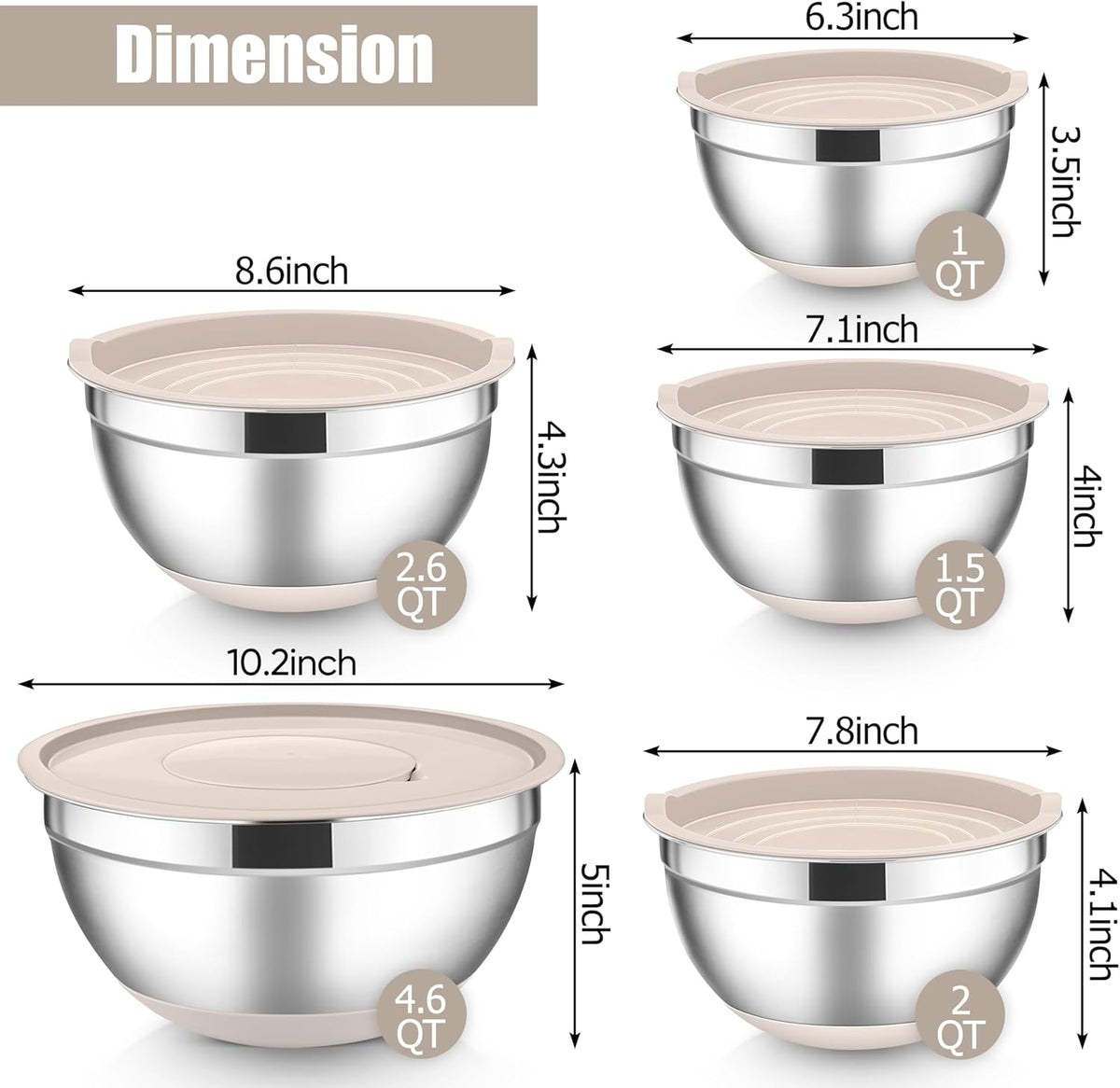 Stainless Steel Mixing Bowls with Lids Set, 5-Piece, Khaki