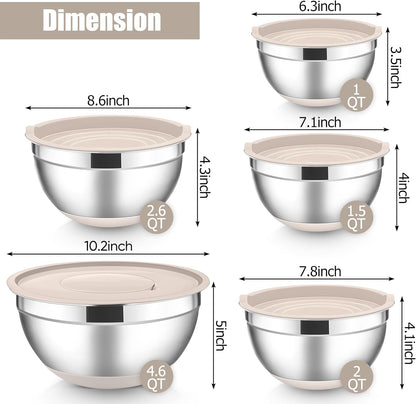 Stainless Steel Mixing Bowls with Lids Set, 5-Piece, Khaki