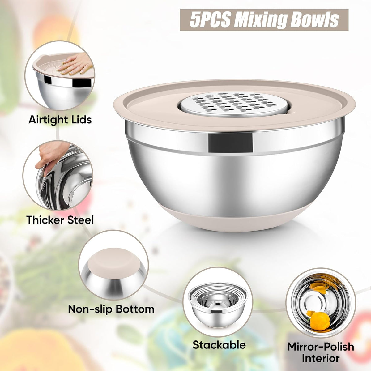 Stainless Steel Mixing Bowls with Lids Set, 5-Piece, Khaki