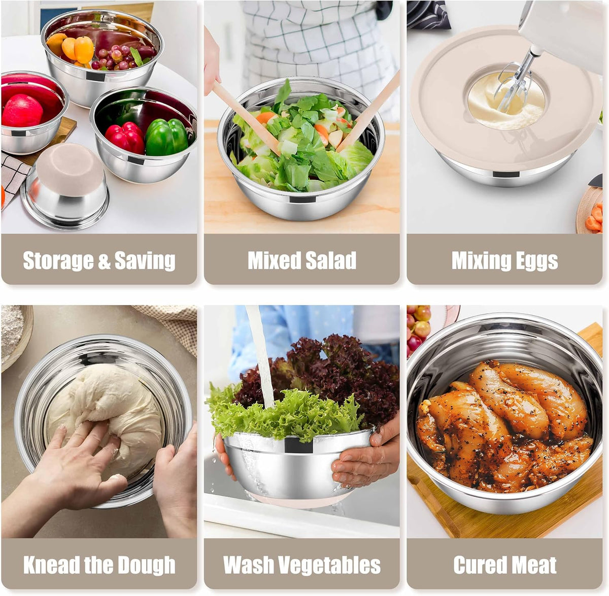 Stainless Steel Mixing Bowls with Lids Set, 5-Piece, Khaki