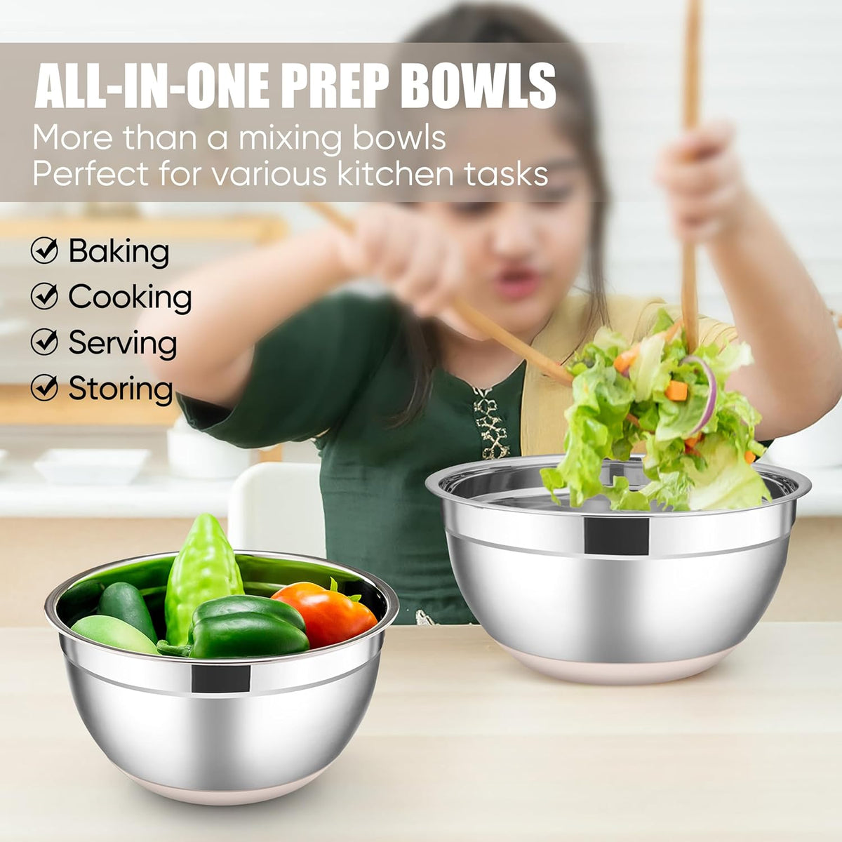 Stainless Steel Mixing Bowls with Lids Set, 5-Piece, Khaki