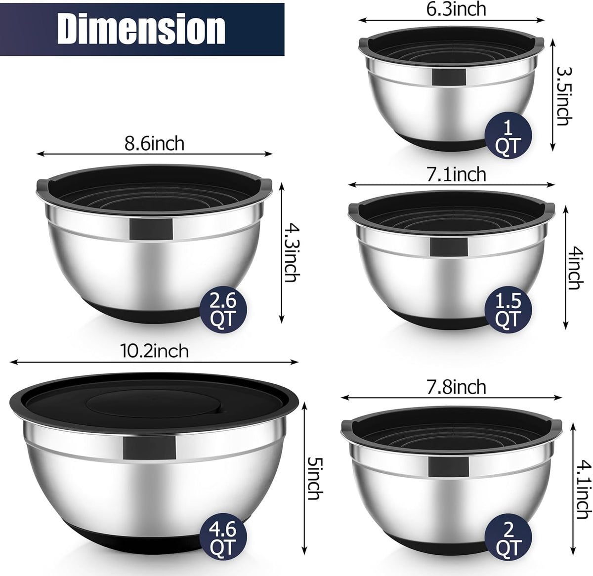 Stainless Steel Mixing Bowls with Lids Set, 5-Piece, Khaki