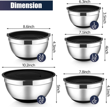Stainless Steel Mixing Bowls with Lids Set, 5-Piece, Khaki