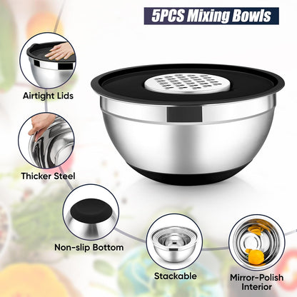 Stainless Steel Mixing Bowls with Lids Set, 5-Piece, Khaki