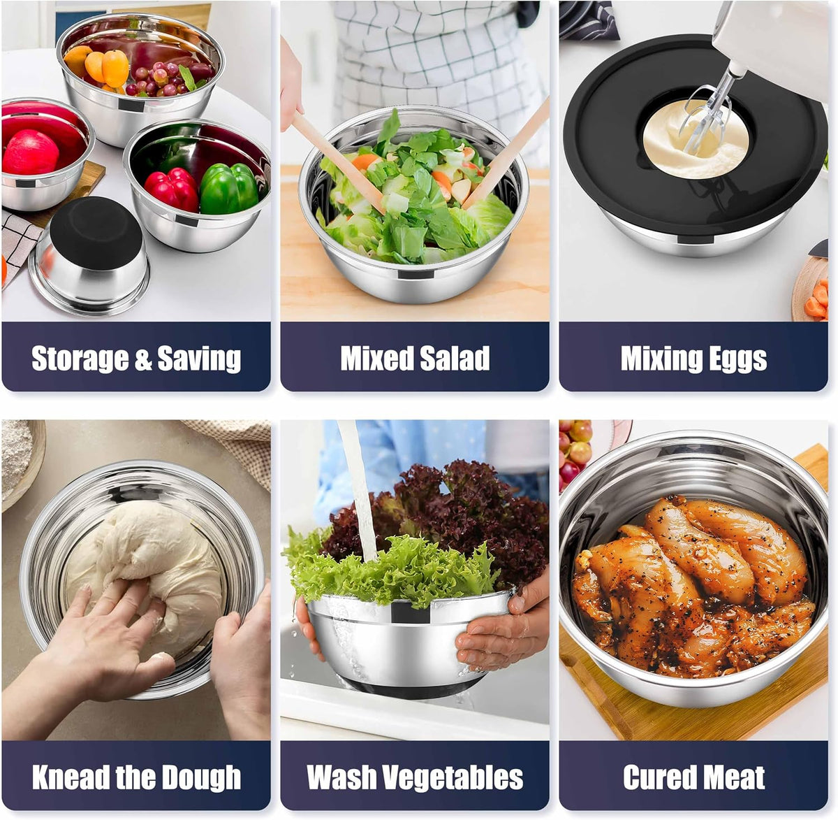 Stainless Steel Mixing Bowls with Lids Set, 5-Piece, Khaki
