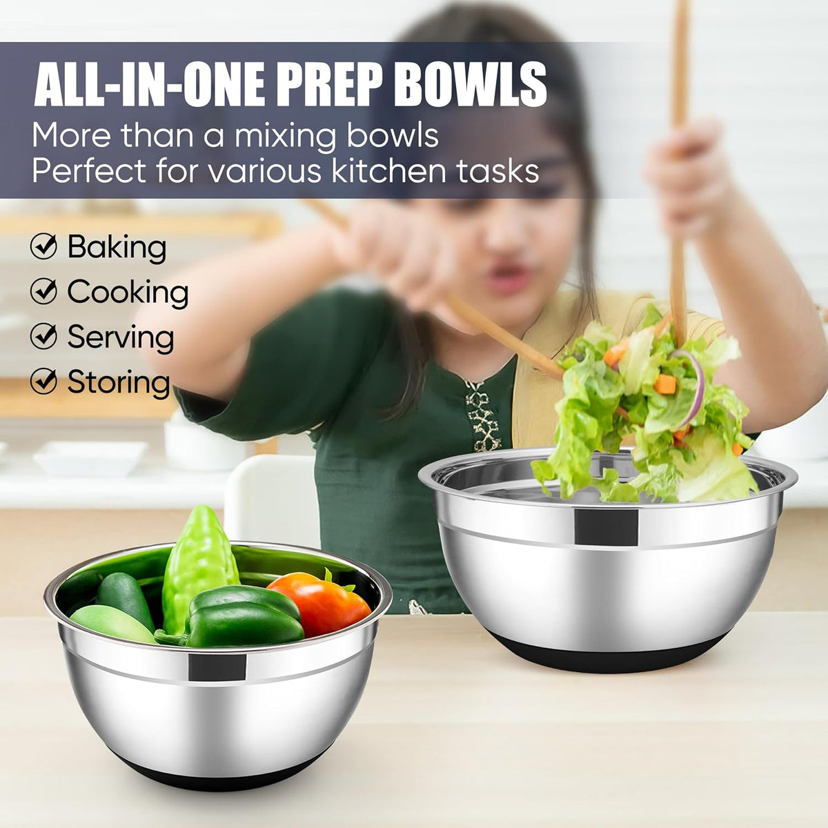 Stainless Steel Mixing Bowls with Lids Set, 5-Piece, Khaki