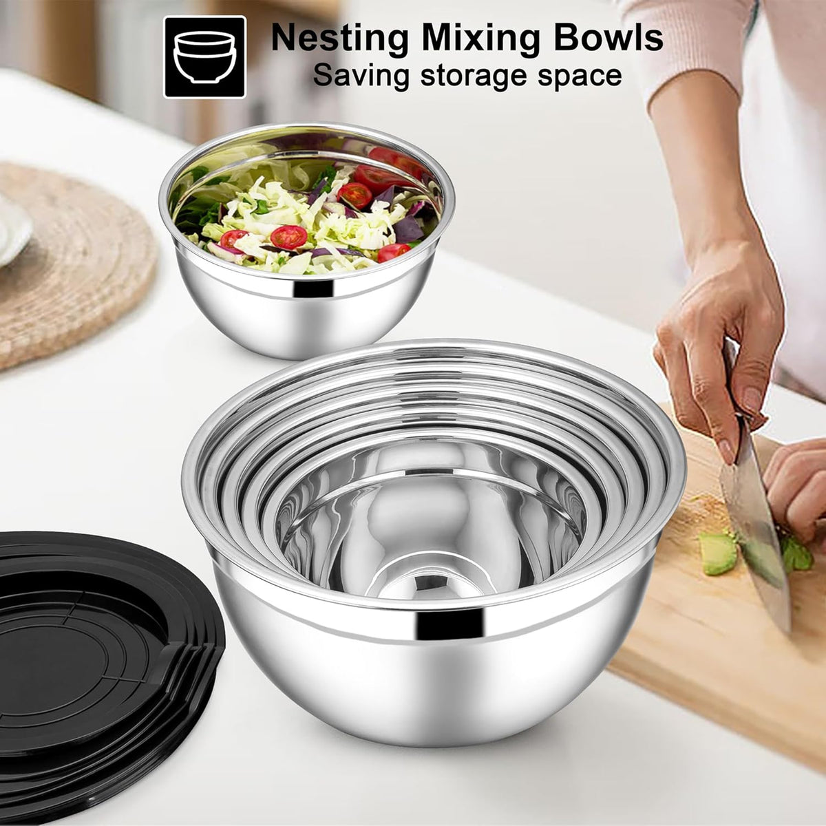 Stainless Steel Mixing Bowls with Lids Set, 5-Piece, Khaki