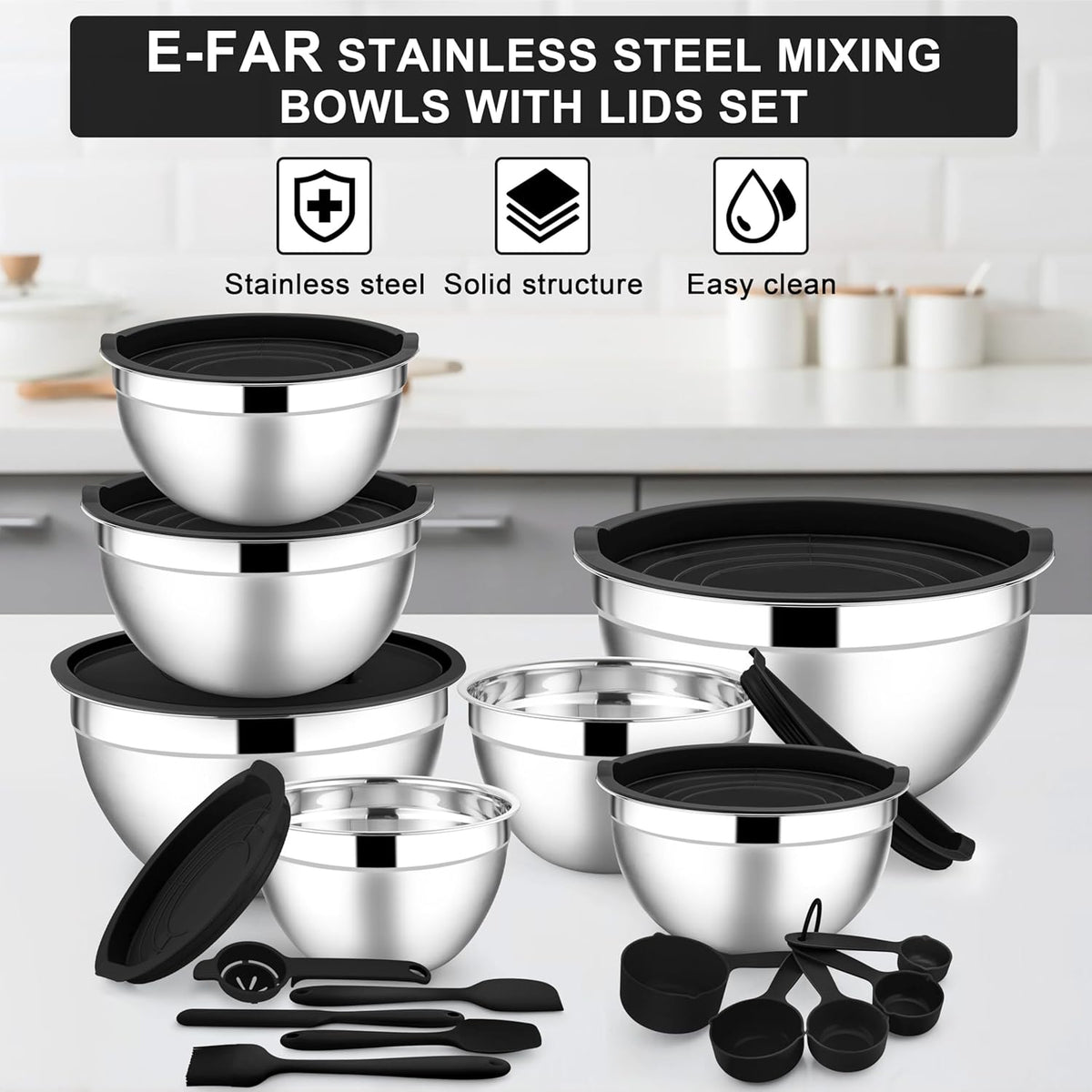 Stainless Steel Mixing Bowls with Lids Set, 5-Piece, Khaki