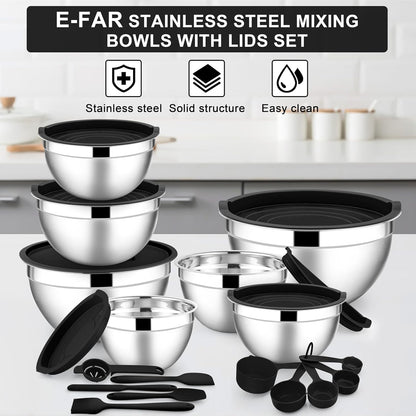 Stainless Steel Mixing Bowls with Lids Set, 5-Piece, Khaki