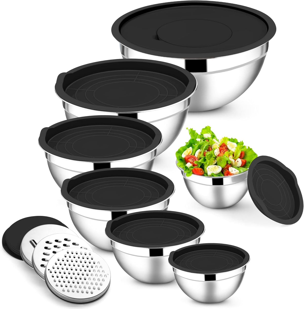 Stainless Steel Mixing Bowls with Lids Set, 5-Piece, Khaki