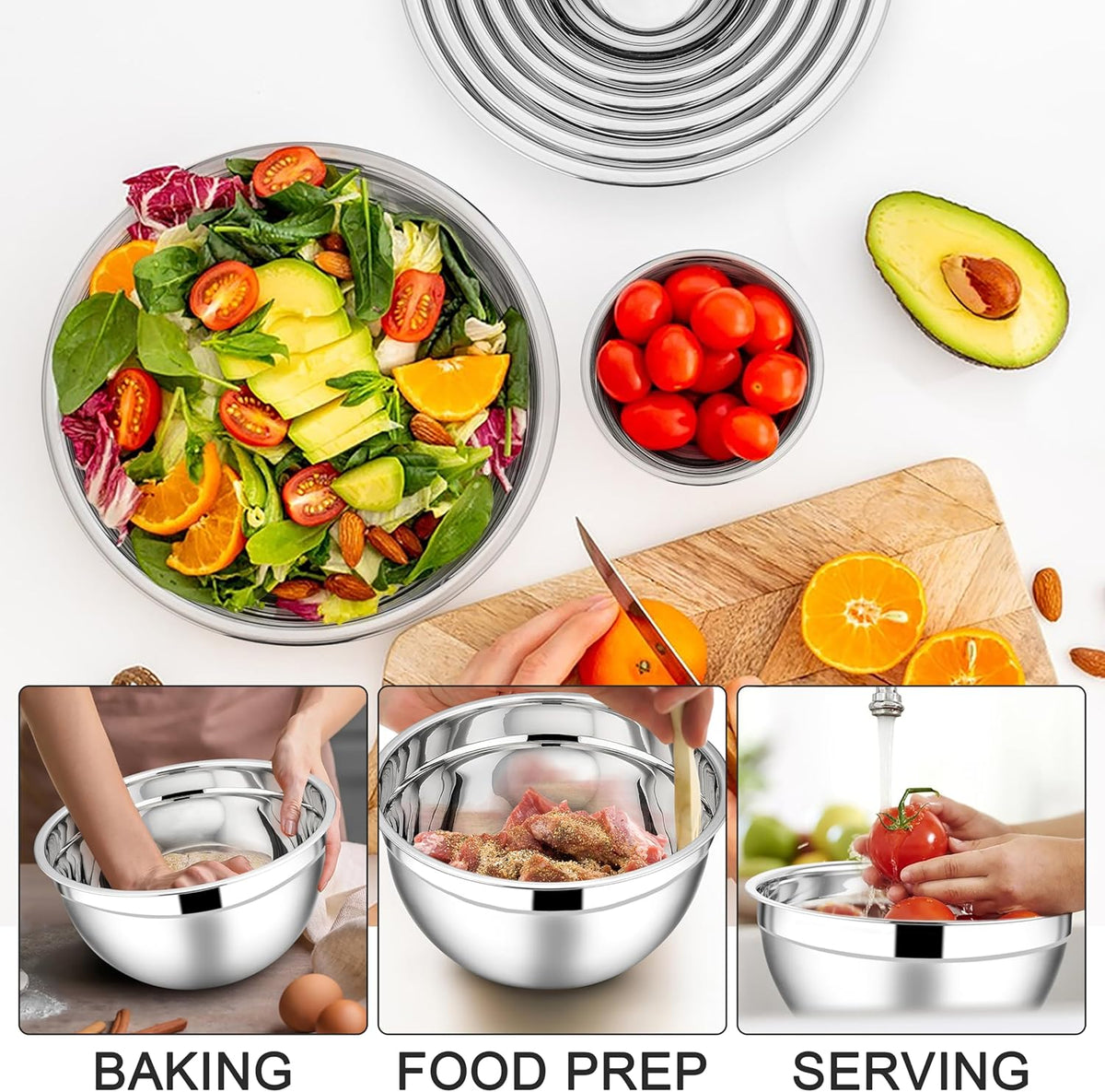 Stainless Steel Mixing Bowls with Lids Set, 5-Piece, Khaki