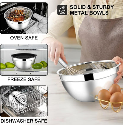 Stainless Steel Mixing Bowls with Lids Set, 5-Piece, Khaki