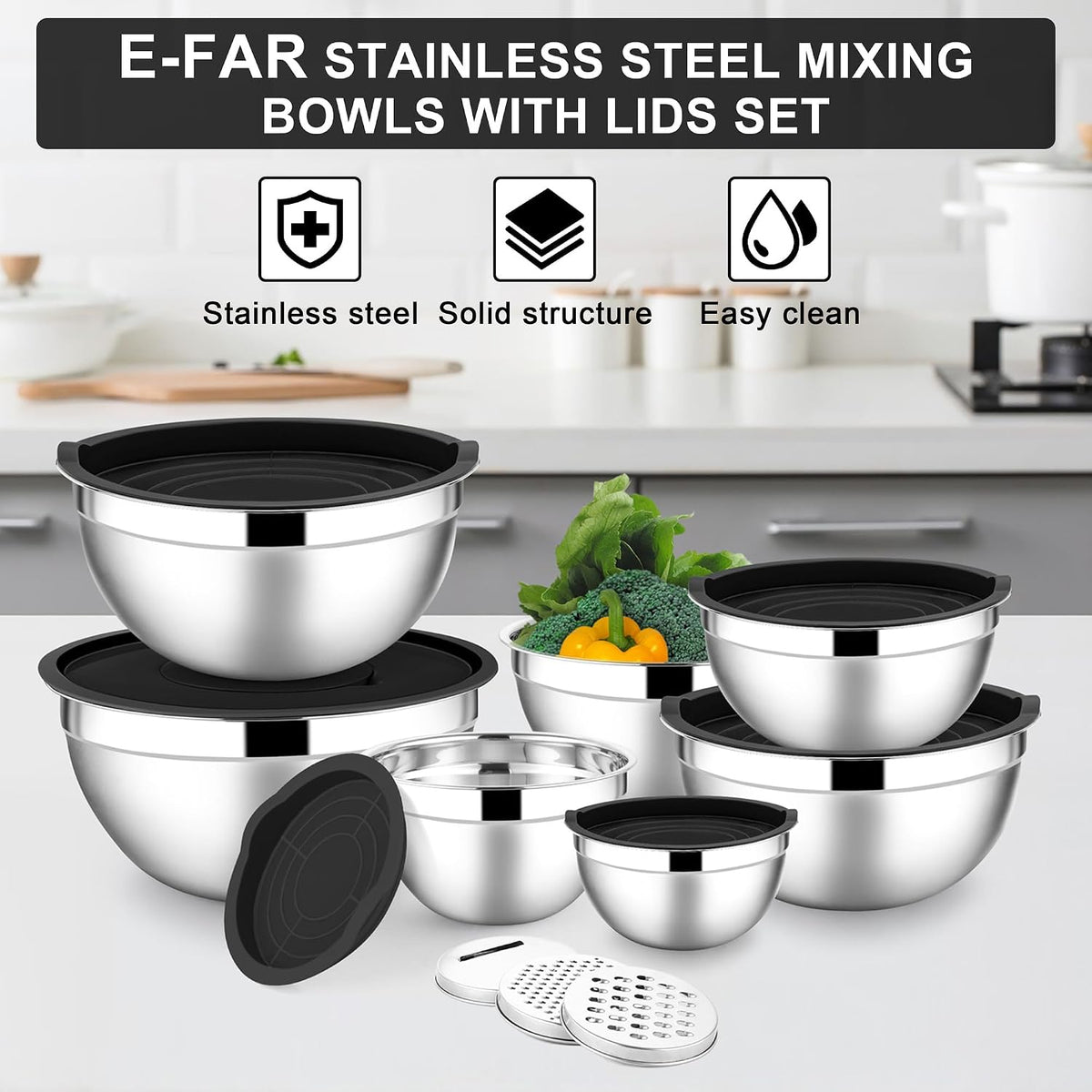 Stainless Steel Mixing Bowls with Lids Set, 5-Piece, Khaki