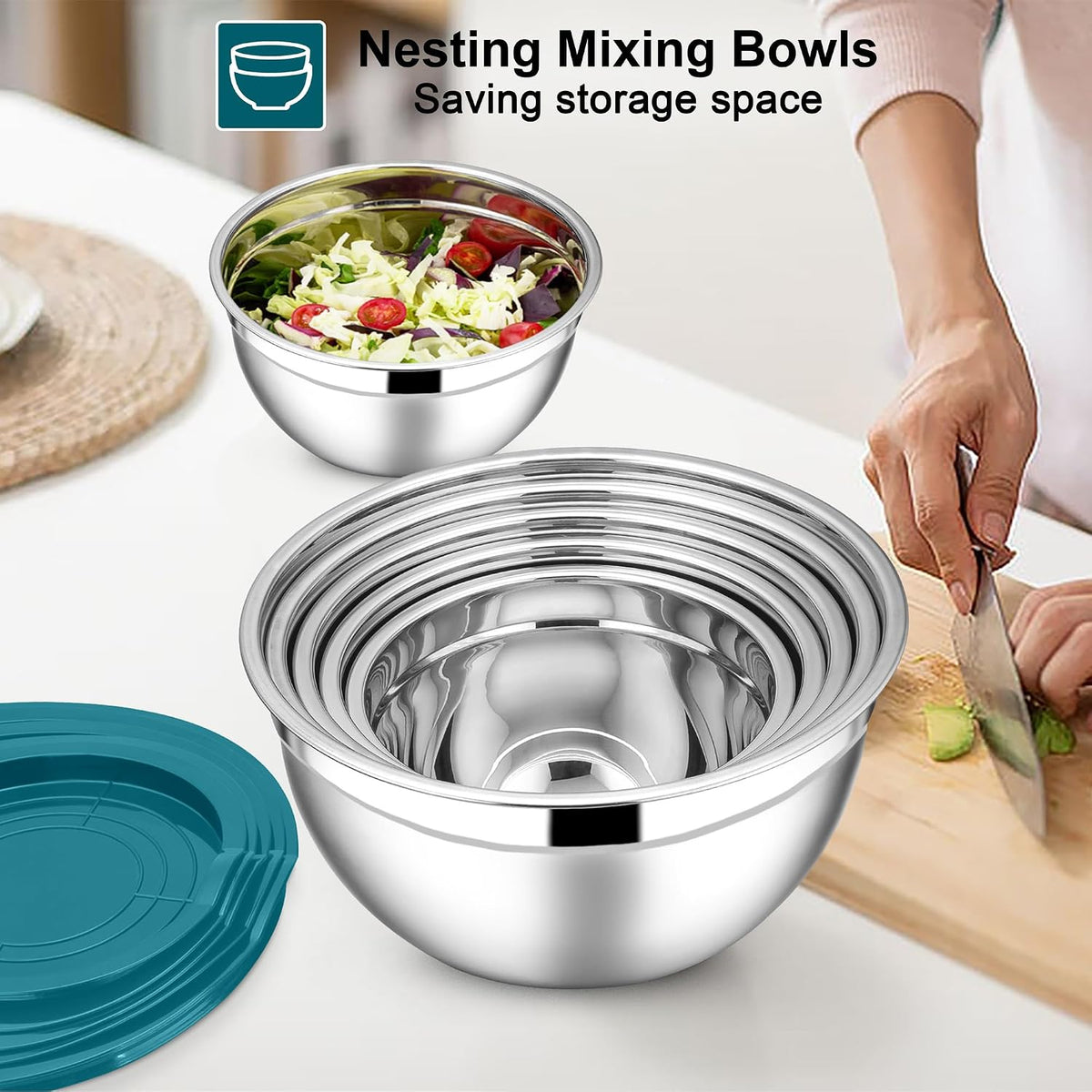 Stainless Steel Mixing Bowls with Lids Set, 5-Piece, Khaki